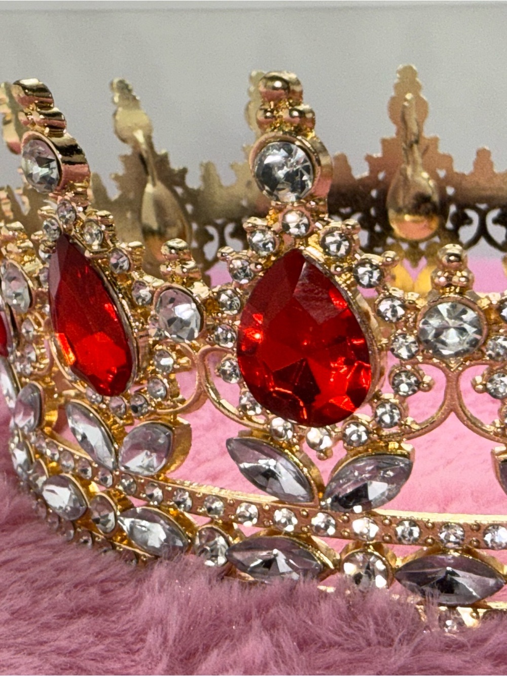 Gold-Tone Red Gem Teardrop Crystal Crown Tiara